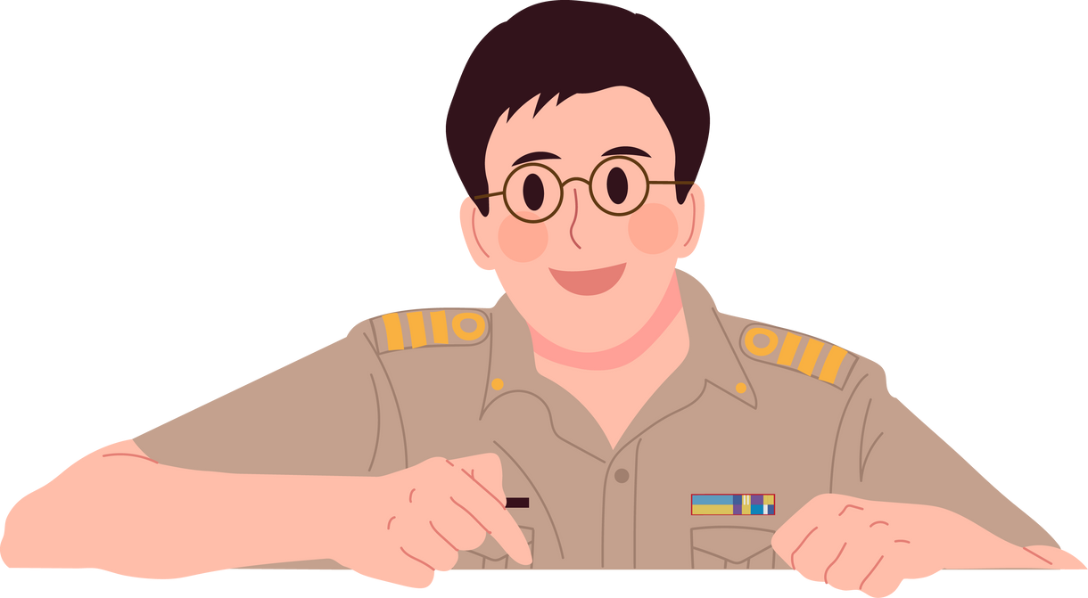 Male teacher pointing finger down to empty space